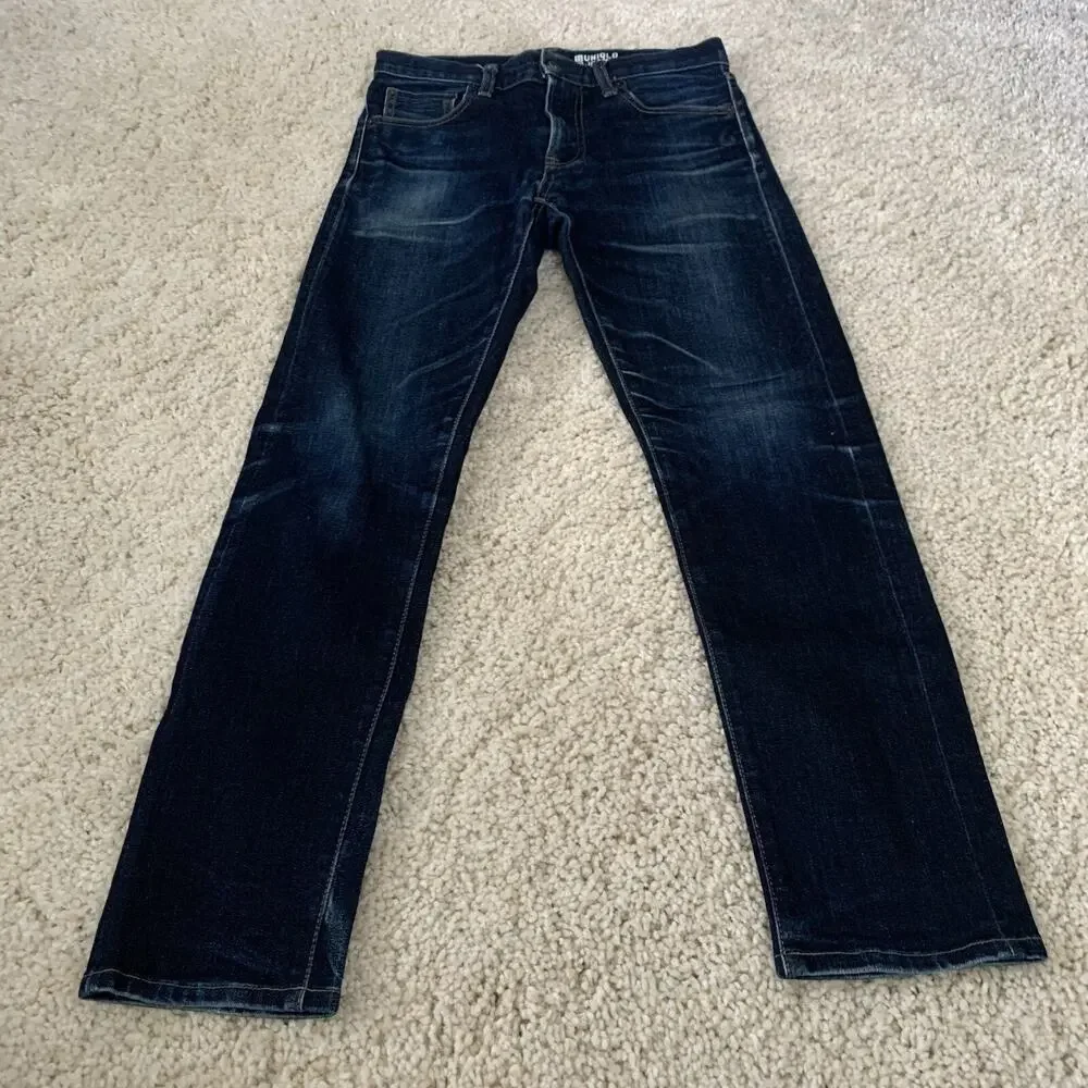 Uniqlo Jeans Mens 28x27 Slim Fit Distressed Dark Blue Denim